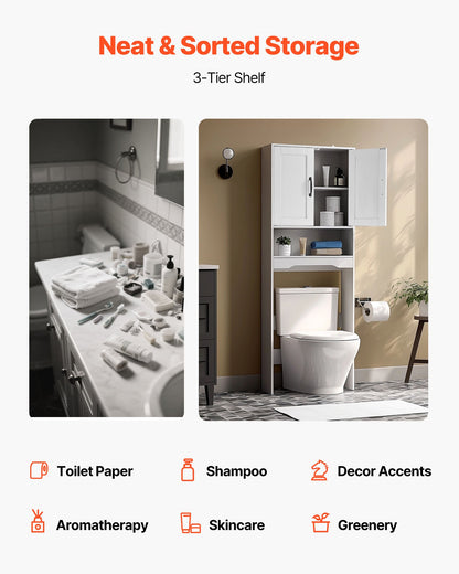 Over The Toilet Storage Cabinet, 165.1 cm Height Bathroom Storage Organizer with Double Door and Adjustable Shelf, Bathroom Space Saver Organizer Above Toilet with Open Shelf, White