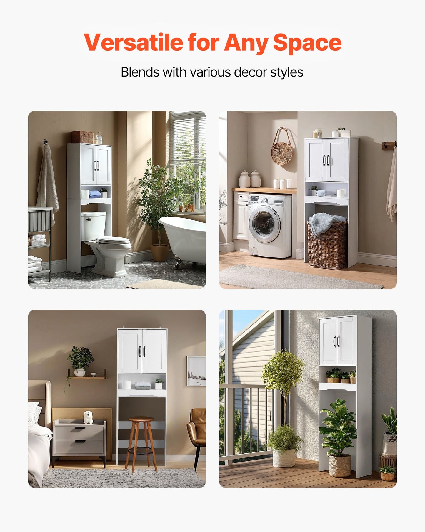 Over The Toilet Storage Cabinet, 165.1 cm Height Bathroom Storage Organizer with Double Door and Adjustable Shelf, Bathroom Space Saver Organizer Above Toilet with Open Shelf, White