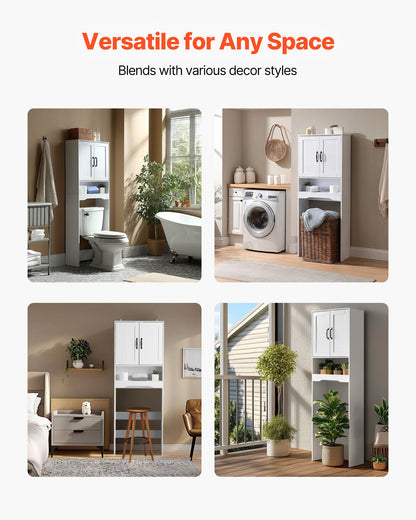 Over The Toilet Storage Cabinet, 165.1 cm Height Bathroom Storage Organizer with Double Door and Adjustable Shelf, Bathroom Space Saver Organizer Above Toilet with Open Shelf, White