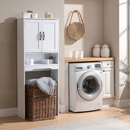 Over The Toilet Storage Cabinet, 165.1 cm Height Bathroom Storage Organizer with Double Door and Adjustable Shelf, Bathroom Space Saver Organizer Above Toilet with Open Shelf, White