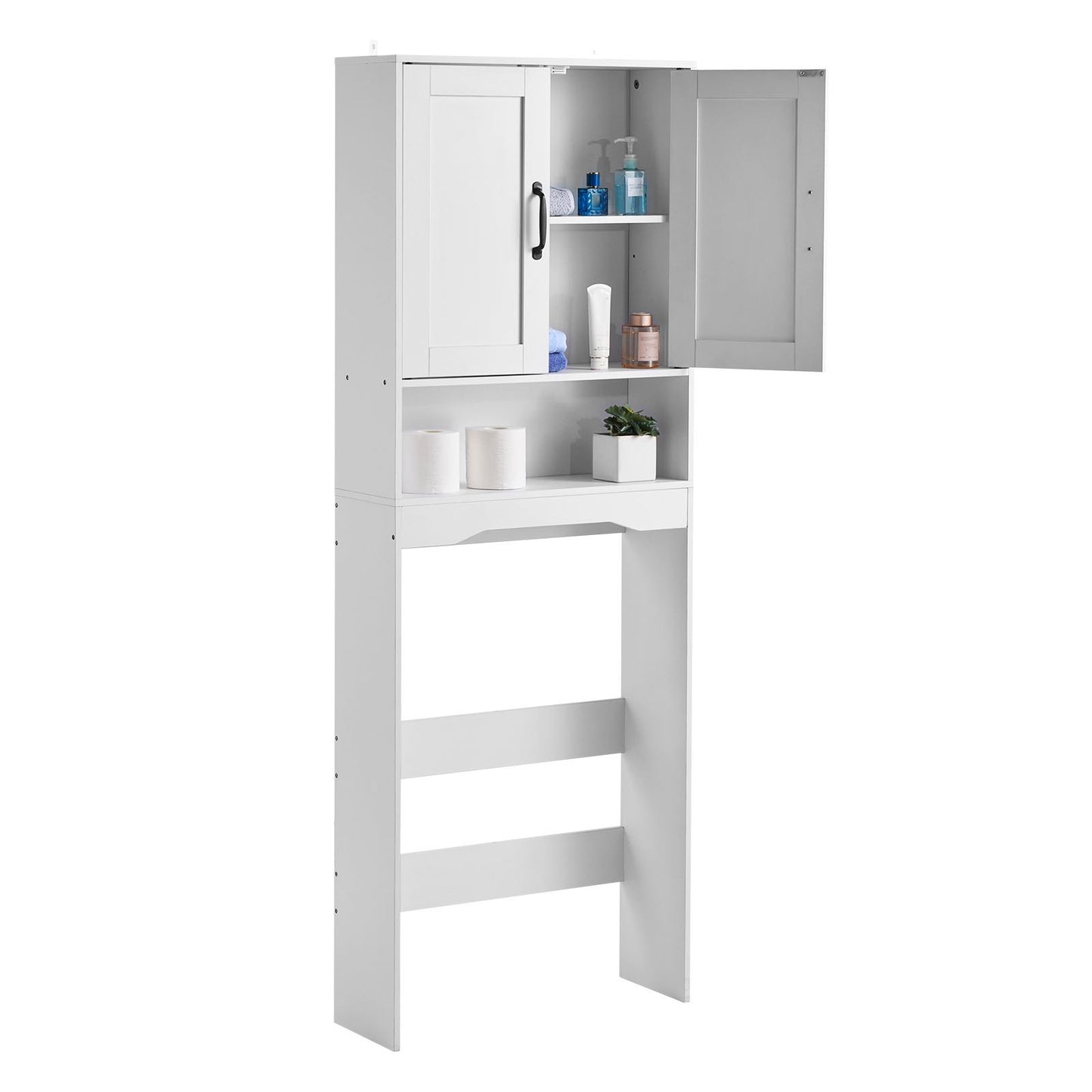 Over The Toilet Storage Cabinet, 165.1 cm Height Bathroom Storage Organizer with Double Door and Adjustable Shelf, Bathroom Space Saver Organizer Above Toilet with Open Shelf, White