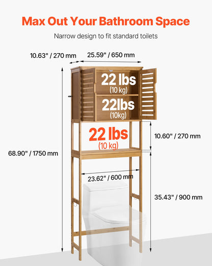Bamboo Over The Toilet Storage Cabinet, 175 cm Height Bathroom Storage Organizer with Double Door & Inner Adjustable Shelf, Bathroom Space Saver Organizer Above Toilet with Open Shelf, Natural