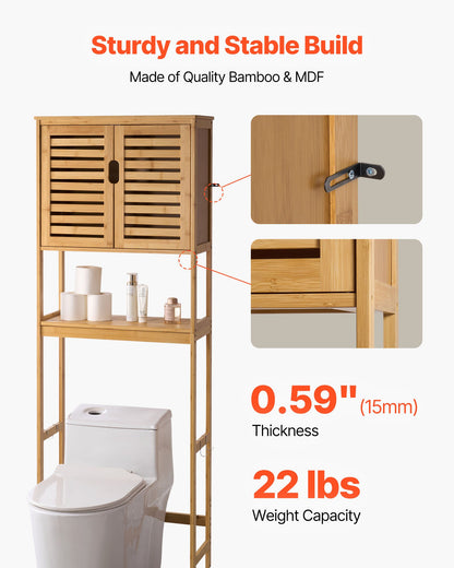 Bamboo Over The Toilet Storage Cabinet, 175 cm Height Bathroom Storage Organizer with Double Door & Inner Adjustable Shelf, Bathroom Space Saver Organizer Above Toilet with Open Shelf, Natural