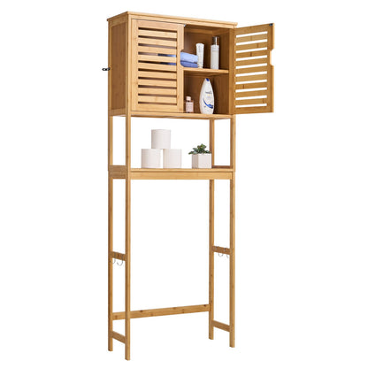 Bamboo Over The Toilet Storage Cabinet, 175 cm Height Bathroom Storage Organizer with Double Door & Inner Adjustable Shelf, Bathroom Space Saver Organizer Above Toilet with Open Shelf, Natural