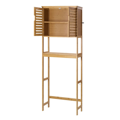 Bamboo Over The Toilet Storage Cabinet, 175 cm Height Bathroom Storage Organizer with Double Door & Inner Adjustable Shelf, Bathroom Space Saver Organizer Above Toilet with Open Shelf, Natural