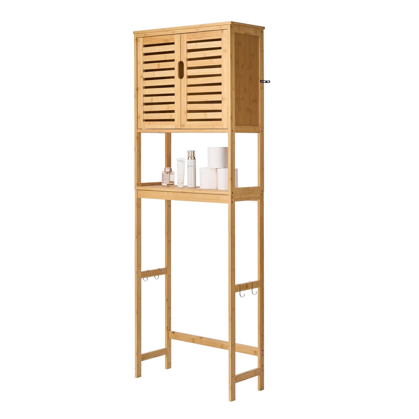 Bamboo Over The Toilet Storage Cabinet, 175 cm Height Bathroom Storage Organizer with Double Door & Inner Adjustable Shelf, Bathroom Space Saver Organizer Above Toilet with Open Shelf, Natural