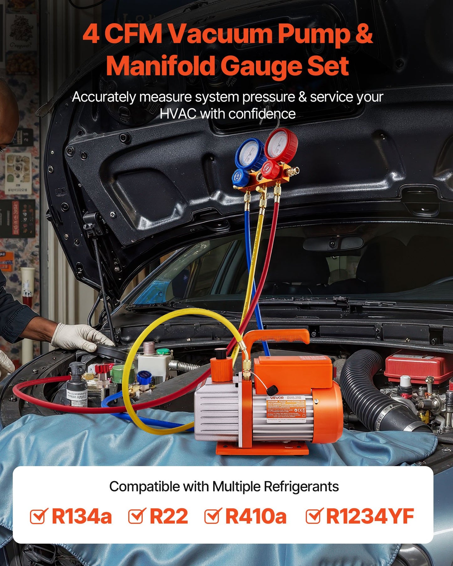 115 L/min AC Vacuum Pump and Gauge Set, Single Stage, Rotary Vane HVAC Air Vacuum Pump, A/C Refrigerant Manifold Gauge Kit, with Leak Detector, Carry Bag, for R134a R22 R410a R1234YF Refrigerant