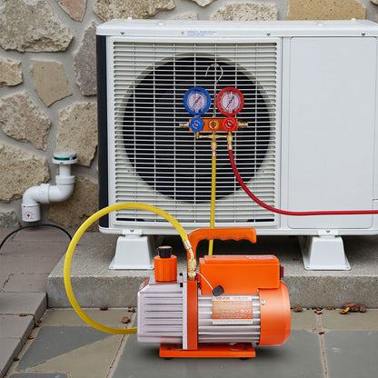 115 L/min AC Vacuum Pump and Gauge Set, Single Stage, Rotary Vane HVAC Air Vacuum Pump, A/C Refrigerant Manifold Gauge Kit, with Leak Detector, Carry Bag, for R134a R22 R410a R1234YF Refrigerant