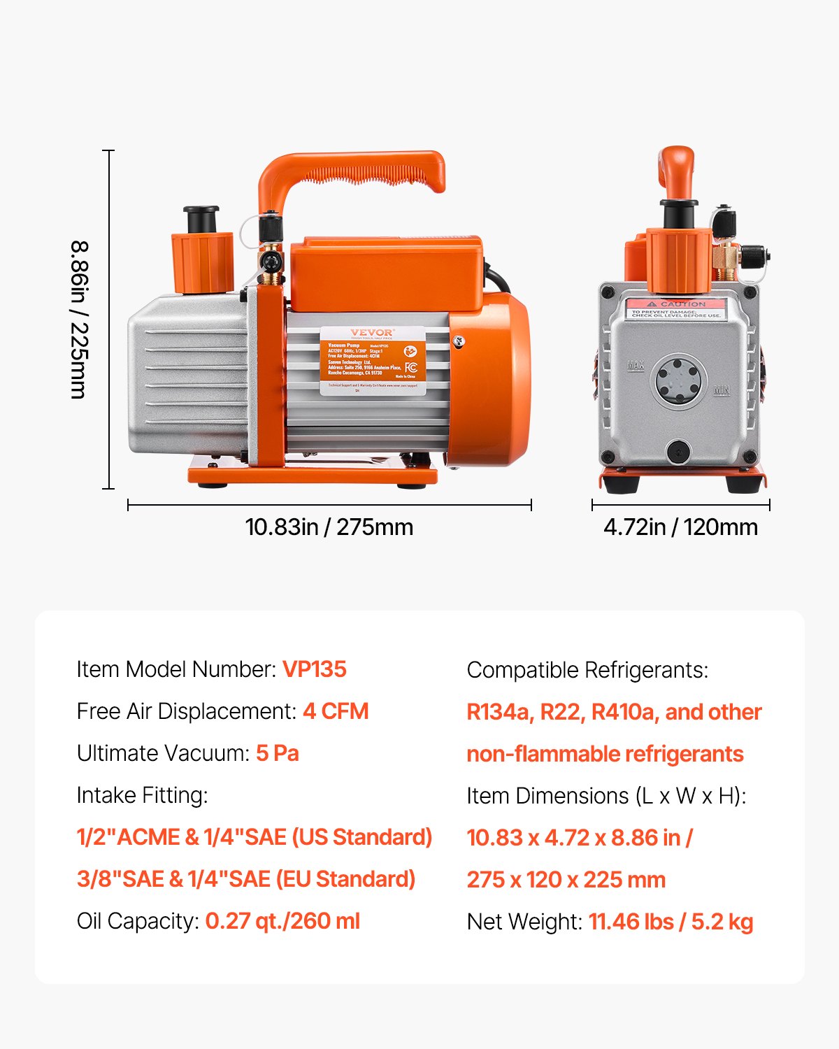 Vacuum Pump, 233 L/min(4 CFM), HVAC Single Stage Rotary Vane Vacuum Pump, for R134a R22 R410a Systems, Auto AC Vacuum Pump Kit with Oil Bottle, for Automotive Air Conditioner Maintenance Resin Degassing