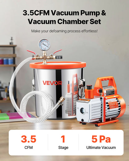 11.36 L Vacuum Chamber with Pump, 110 L/min, Stainless Steel, Degassing Chamber Kit, Single Stage Vacuum Pump, Tempered Glass Lid, 1.5 m Hose, Oil, for Stabilizing Wood Degassing Silicone Resin