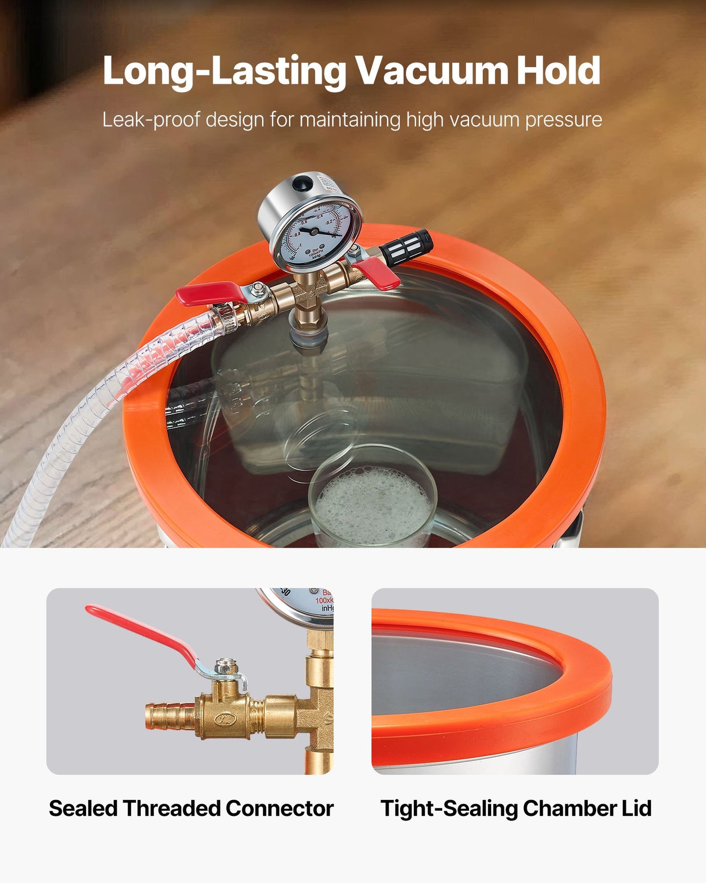 11.36 L Vacuum Chamber with Pump, 110 L/min, Stainless Steel, Degassing Chamber Kit, Single Stage Vacuum Pump, Tempered Glass Lid, 1.5 m Hose, Oil, for Stabilizing Wood Degassing Silicone Resin