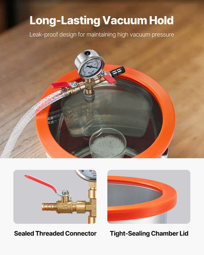 11.36 L Vacuum Chamber with Pump, 110 L/min, Stainless Steel, Degassing Chamber Kit, Single Stage Vacuum Pump, Tempered Glass Lid, 1.5 m Hose, Oil, for Stabilizing Wood Degassing Silicone Resin