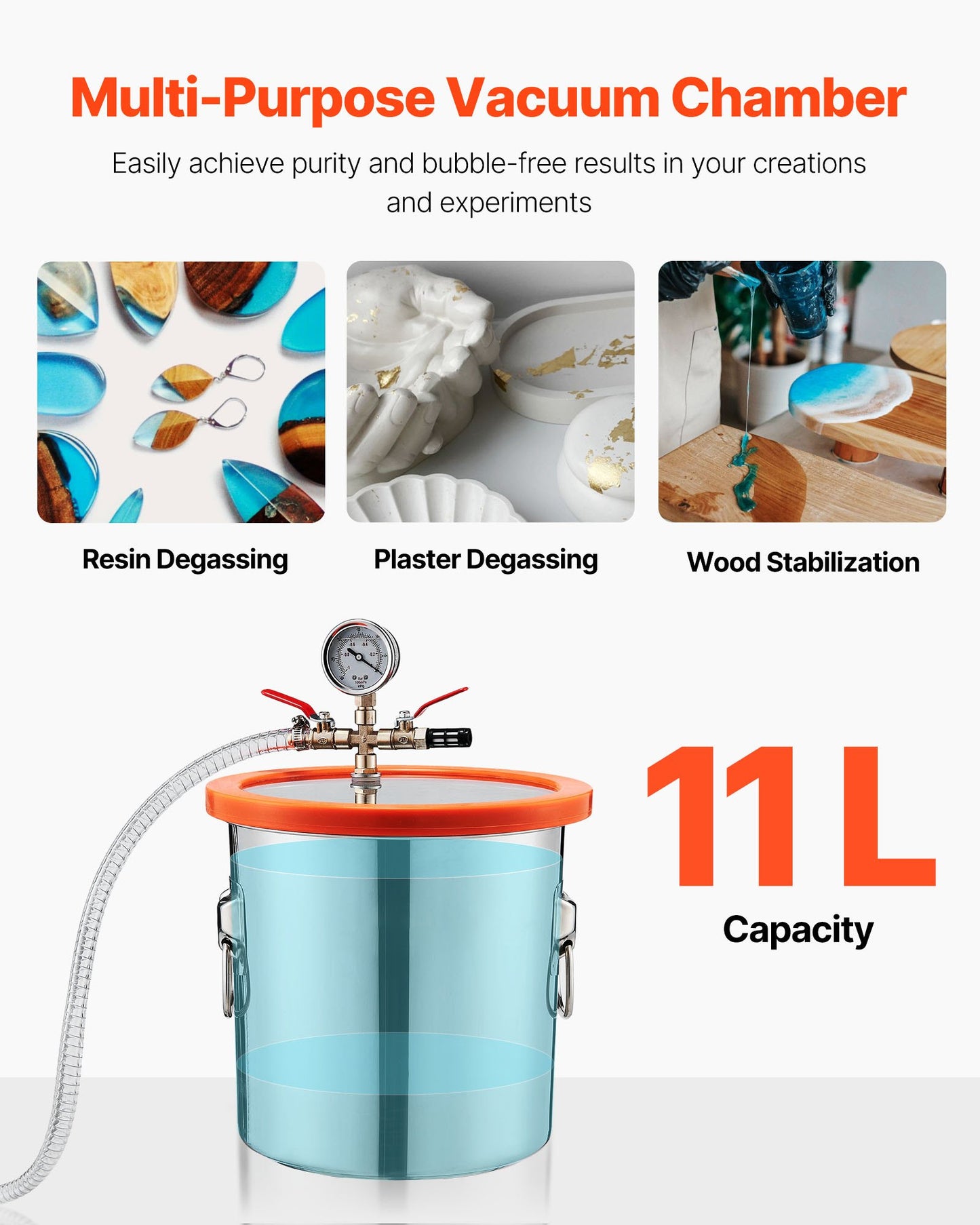 11.36 L Vacuum Chamber with Pump, 110 L/min, Stainless Steel, Degassing Chamber Kit, Single Stage Vacuum Pump, Tempered Glass Lid, 1.5 m Hose, Oil, for Stabilizing Wood Degassing Silicone Resin