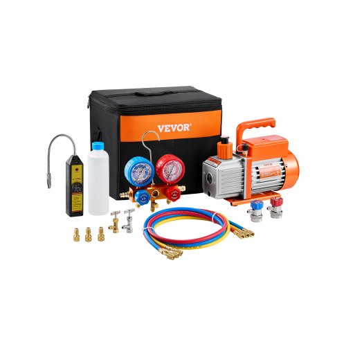 267 L/min(4.5 CFM) AC Vacuum Pump and Gauge Set, Single Stage Rotary Vane HVAC Air Vacuum Pump, A/C Refrigerant Manifold Gauge Kit, with Leak Detector Hoses, for R134a, R12, R22, R502a, R410A, R404, R407C