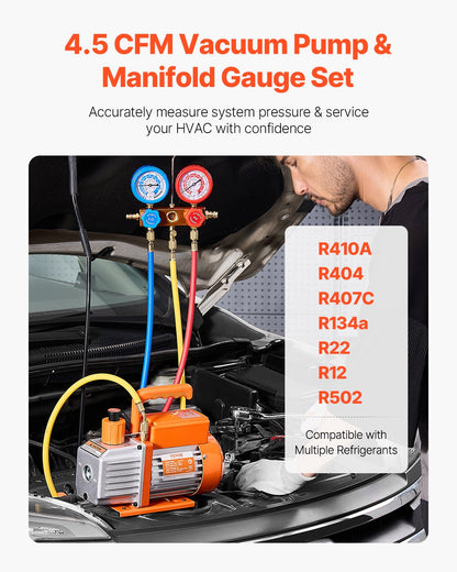 267 L/min(4.5 CFM) AC Vacuum Pump and Gauge Set, Single Stage Rotary Vane HVAC Air Vacuum Pump, A/C Refrigerant Manifold Gauge Kit, with Leak Detector Hoses, for R134a, R12, R22, R502a, R410A, R404, R407C