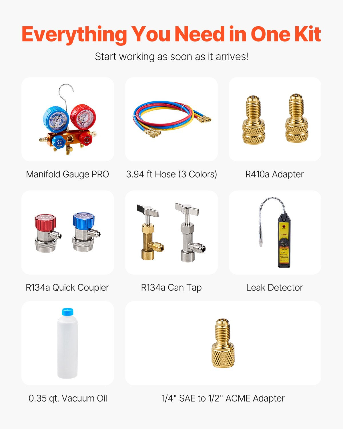 267 L/min(4.5 CFM) AC Vacuum Pump and Gauge Set, Single Stage Rotary Vane HVAC Air Vacuum Pump, A/C Refrigerant Manifold Gauge Kit, with Leak Detector Hoses, for R134a, R12, R22, R502a, R410A, R404, R407C