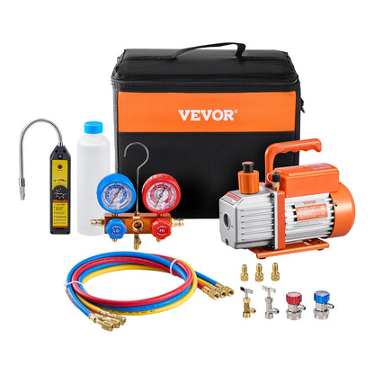 267 L/min(4.5 CFM) AC Vacuum Pump and Gauge Set, Single Stage Rotary Vane HVAC Air Vacuum Pump, A/C Refrigerant Manifold Gauge Kit, with Leak Detector Hoses, for R134a, R12, R22, R502a, R410A, R404, R407C