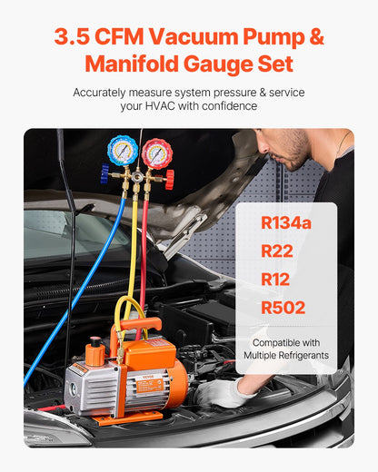 217 L/min(3.5 CFM) AC Vacuum Pump and Gauge Set, Single Stage Rotary Vane HVAC Air Vacuum Pump, A/C Refrigerant Manifold Gauge Kit, with Hoses, Air Conditioning Refrigeration for R134a, R12, R22, R502a