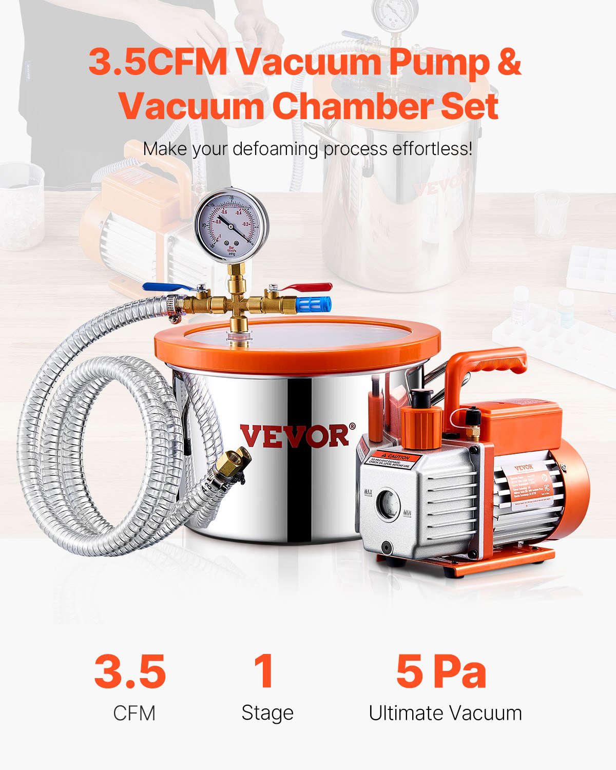 5.7 L(1.5 Gallon) Vacuum Chamber and 100 L/min(3.5 CFM) Pump Kit, Stainless Steel Chamber, Single Stage Vacuum Pump Degassing Chamber Kit, with Acrylic Lid, Oil, 1.5m(4.92 ft) Hose, for Degassing Resin Silicone Epoxies