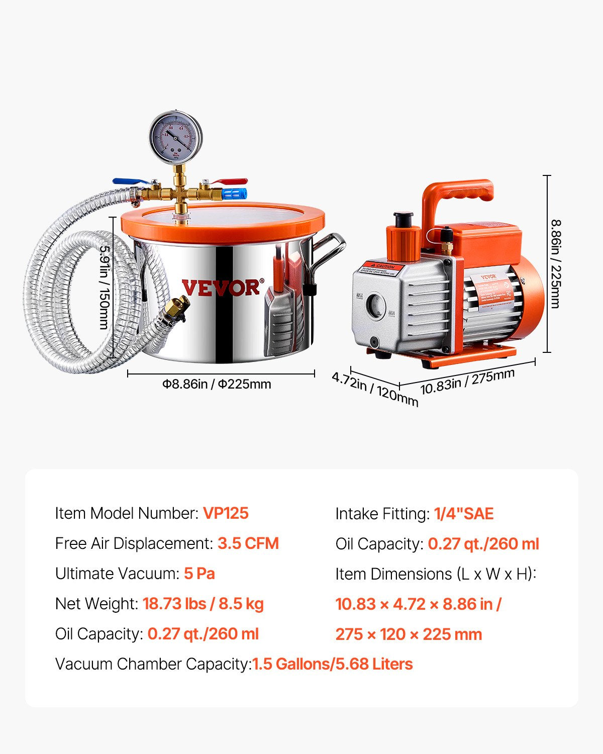 5.7 L(1.5 Gallon) Vacuum Chamber and 100 L/min(3.5 CFM) Pump Kit, Stainless Steel Chamber, Single Stage Vacuum Pump Degassing Chamber Kit, with Acrylic Lid, Oil, 1.5m(4.92 ft) Hose, for Degassing Resin Silicone Epoxies