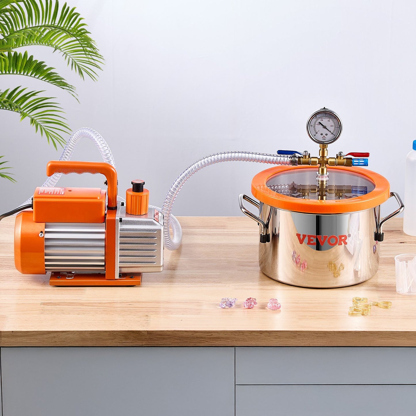 5.7 L(1.5 Gallon) Vacuum Chamber and 100 L/min(3.5 CFM) Pump Kit, Stainless Steel Chamber, Single Stage Vacuum Pump Degassing Chamber Kit, with Acrylic Lid, Oil, 1.5m(4.92 ft) Hose, for Degassing Resin Silicone Epoxies