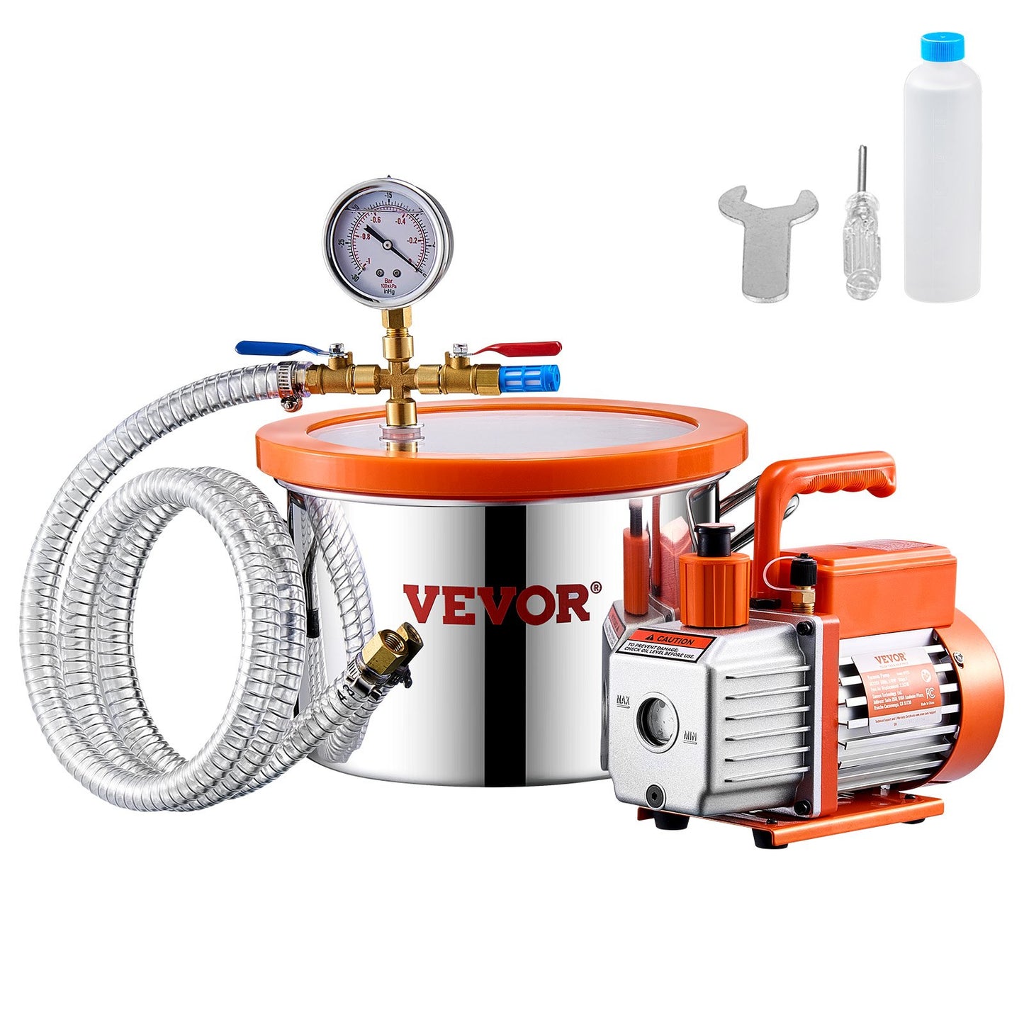 5.7 L(1.5 Gallon) Vacuum Chamber and 100 L/min(3.5 CFM) Pump Kit, Stainless Steel Chamber, Single Stage Vacuum Pump Degassing Chamber Kit, with Acrylic Lid, Oil, 1.5m(4.92 ft) Hose, for Degassing Resin Silicone Epoxies