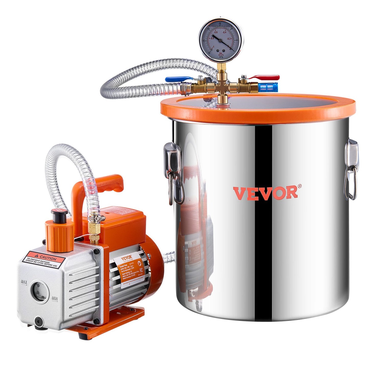 19 L(5 Gallon) Vacuum Chamber and 100 L/min(3.5 CFM) Pump Kit, Stainless Steel Chamber, Single Stage Vacuum Pump Degassing Chamber Kit, with Acrylic Lid, Oil, 1.5m(4.92 ft) Hose, for Degassing Resin Silicone Epoxies