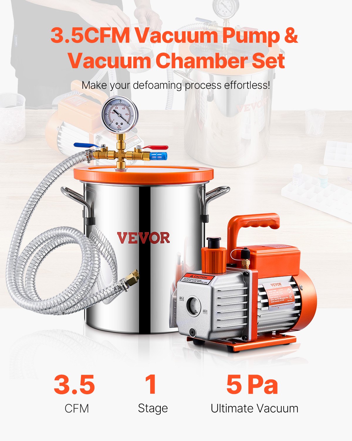 11 L(3 Gallon) Vacuum Chamber and 100 L/min(3.5 CFM) Pump Kit, Stainless Steel Chamber, Single Stage Vacuum Pump Degassing Chamber Kit, with Acrylic Lid, Oil, 1.5m(4.92 ft) Hose, for Degassing Resin Silicone Epoxies