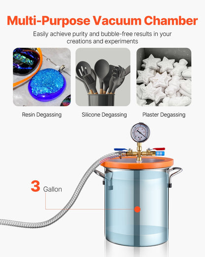 11 L(3 Gallon) Vacuum Chamber and 100 L/min(3.5 CFM) Pump Kit, Stainless Steel Chamber, Single Stage Vacuum Pump Degassing Chamber Kit, with Acrylic Lid, Oil, 1.5m(4.92 ft) Hose, for Degassing Resin Silicone Epoxies