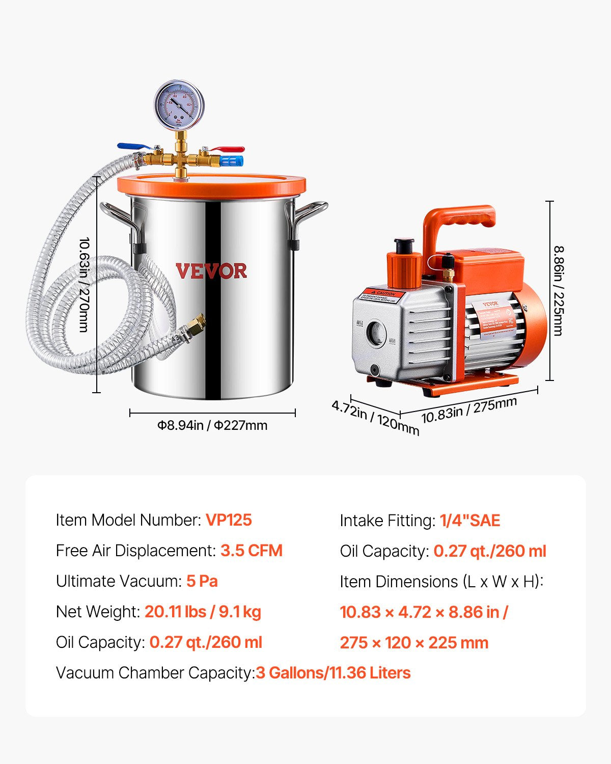11 L(3 Gallon) Vacuum Chamber and 100 L/min(3.5 CFM) Pump Kit, Stainless Steel Chamber, Single Stage Vacuum Pump Degassing Chamber Kit, with Acrylic Lid, Oil, 1.5m(4.92 ft) Hose, for Degassing Resin Silicone Epoxies