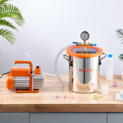 11 L(3 Gallon) Vacuum Chamber and 100 L/min(3.5 CFM) Pump Kit, Stainless Steel Chamber, Single Stage Vacuum Pump Degassing Chamber Kit, with Acrylic Lid, Oil, 1.5m(4.92 ft) Hose, for Degassing Resin Silicone Epoxies