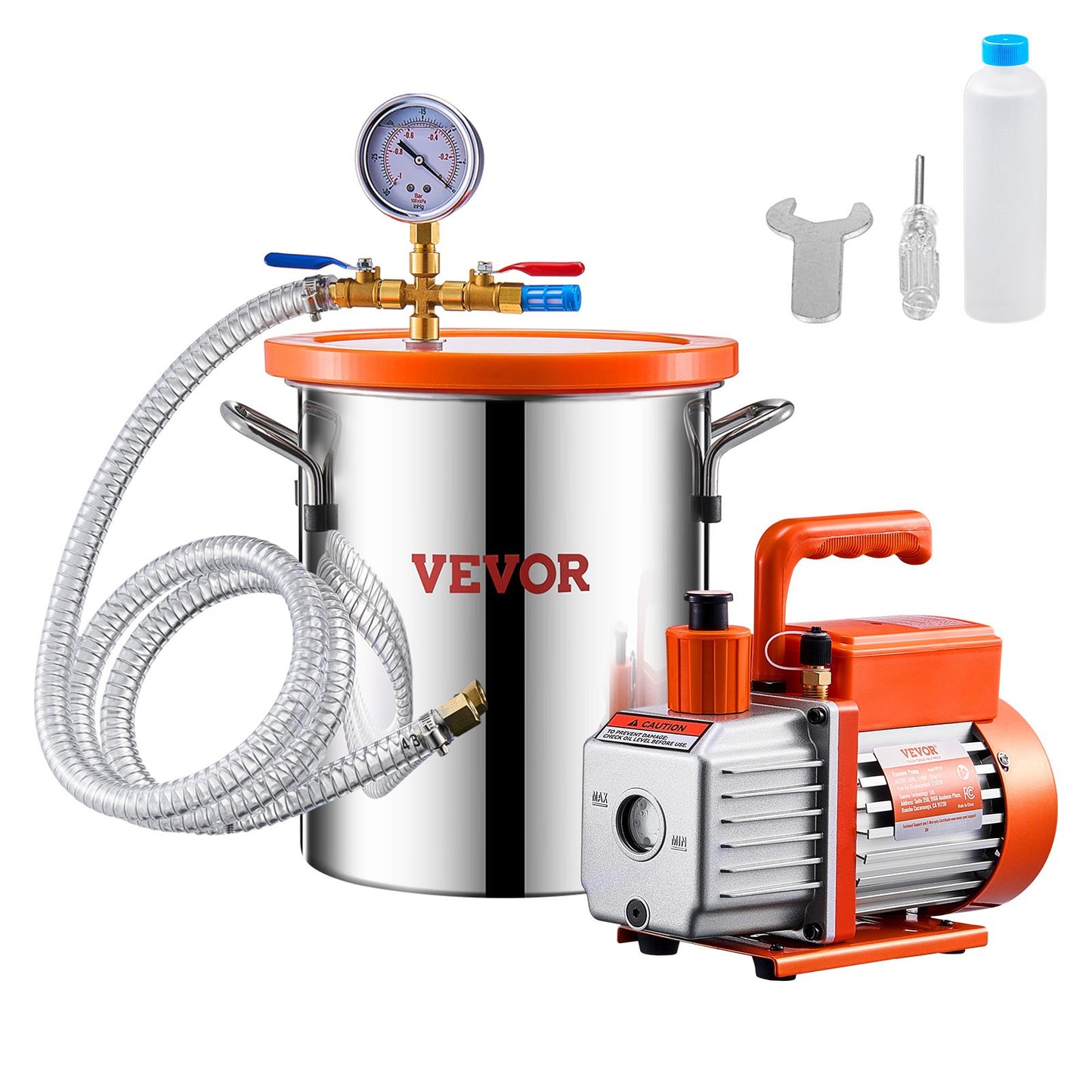 11 L(3 Gallon) Vacuum Chamber and 100 L/min(3.5 CFM) Pump Kit, Stainless Steel Chamber, Single Stage Vacuum Pump Degassing Chamber Kit, with Acrylic Lid, Oil, 1.5m(4.92 ft) Hose, for Degassing Resin Silicone Epoxies