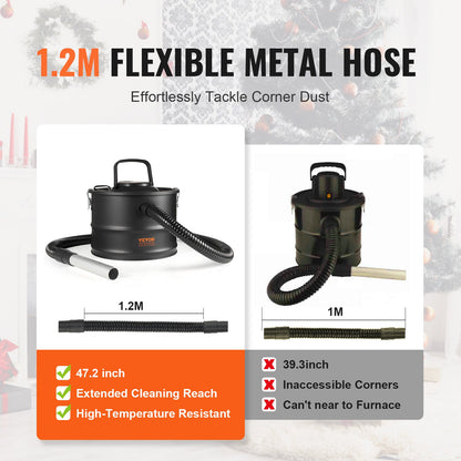 Aschesauger, 15 l, 1200 W Saugleistung, Kaminsauger mit Rückwärtssaugfunktion, 3 m Netzkabel, max. 16 kPa Unterdruck, für Kamine, Pelletöfen, Holzöfen und Kaminöfen