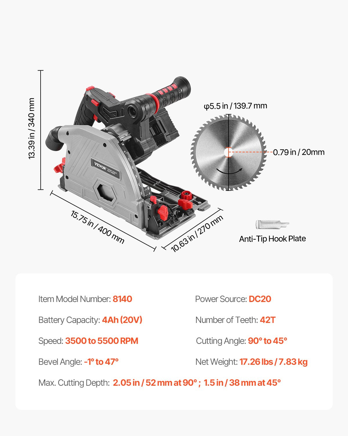 Cordless Track Saw, 140 mm(5-1/2 in) Blade, Brushless Plunge Circular Saw Kit, Tracksaw with 4Ah 20V Battery, Hard Case, 52 mm(2.05 in) Cutting Depth, for Wood, Plastic, Tool Only (Guide Rail Sold Separately)