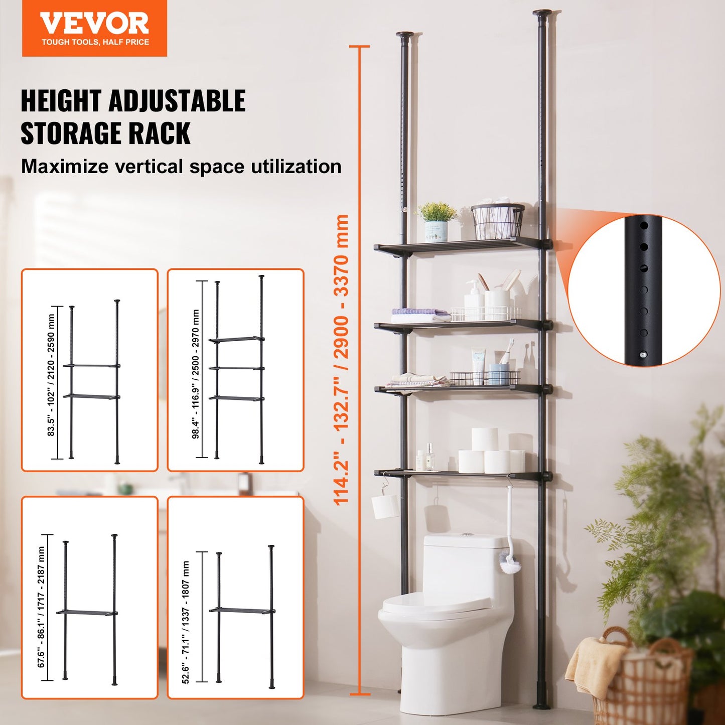 Over the Toilet Storage, 4-Tier Adjustable Over Toilet Bathroom Organizer, Low-carbon Steel 53"-132" Tall Storage Shelf Rack, Easy Assembly Laundry Space Saver, for Small Rooms, Fit Most Toilets