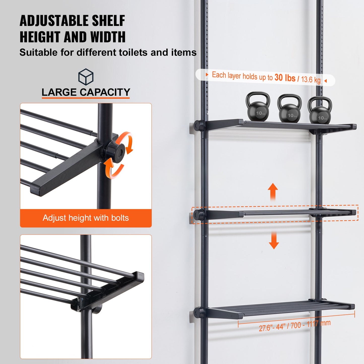 Over the Toilet Storage, 4-Tier Adjustable Over Toilet Bathroom Organizer, Low-carbon Steel 53"-132" Tall Storage Shelf Rack, Easy Assembly Laundry Space Saver, for Small Rooms, Fit Most Toilets