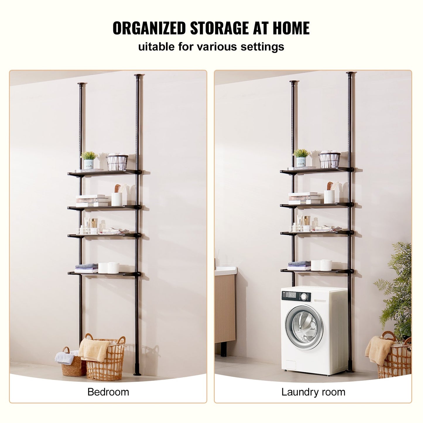 Over the Toilet Storage, 4-Tier Adjustable Over Toilet Bathroom Organizer, Low-carbon Steel 53"-132" Tall Storage Shelf Rack, Easy Assembly Laundry Space Saver, for Small Rooms, Fit Most Toilets