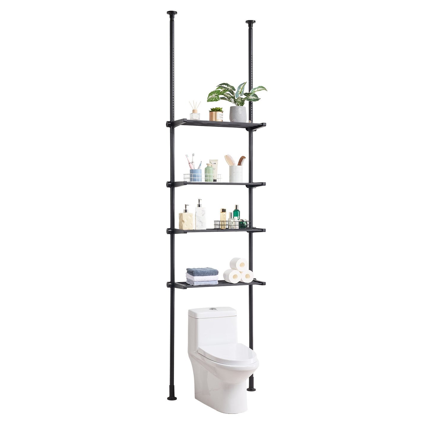 Over the Toilet Storage, 4-Tier Adjustable Over Toilet Bathroom Organizer, Low-carbon Steel 53"-132" Tall Storage Shelf Rack, Easy Assembly Laundry Space Saver, for Small Rooms, Fit Most Toilets