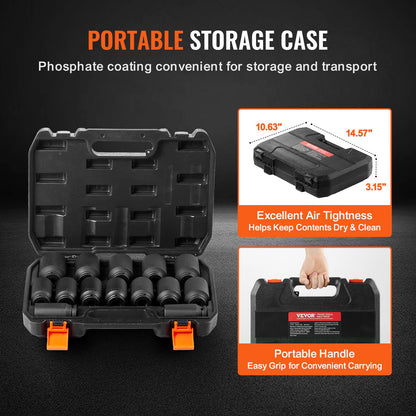 Axle Nut Impact Socket Set, 1/2" Drive Deep 6+12-Point 14-Piece Metric Spindle Nut Socket Set, CR-V Heat Treated Large Socket Set with Storage Case, Auto Repair, Removing or Installing Axle Nuts