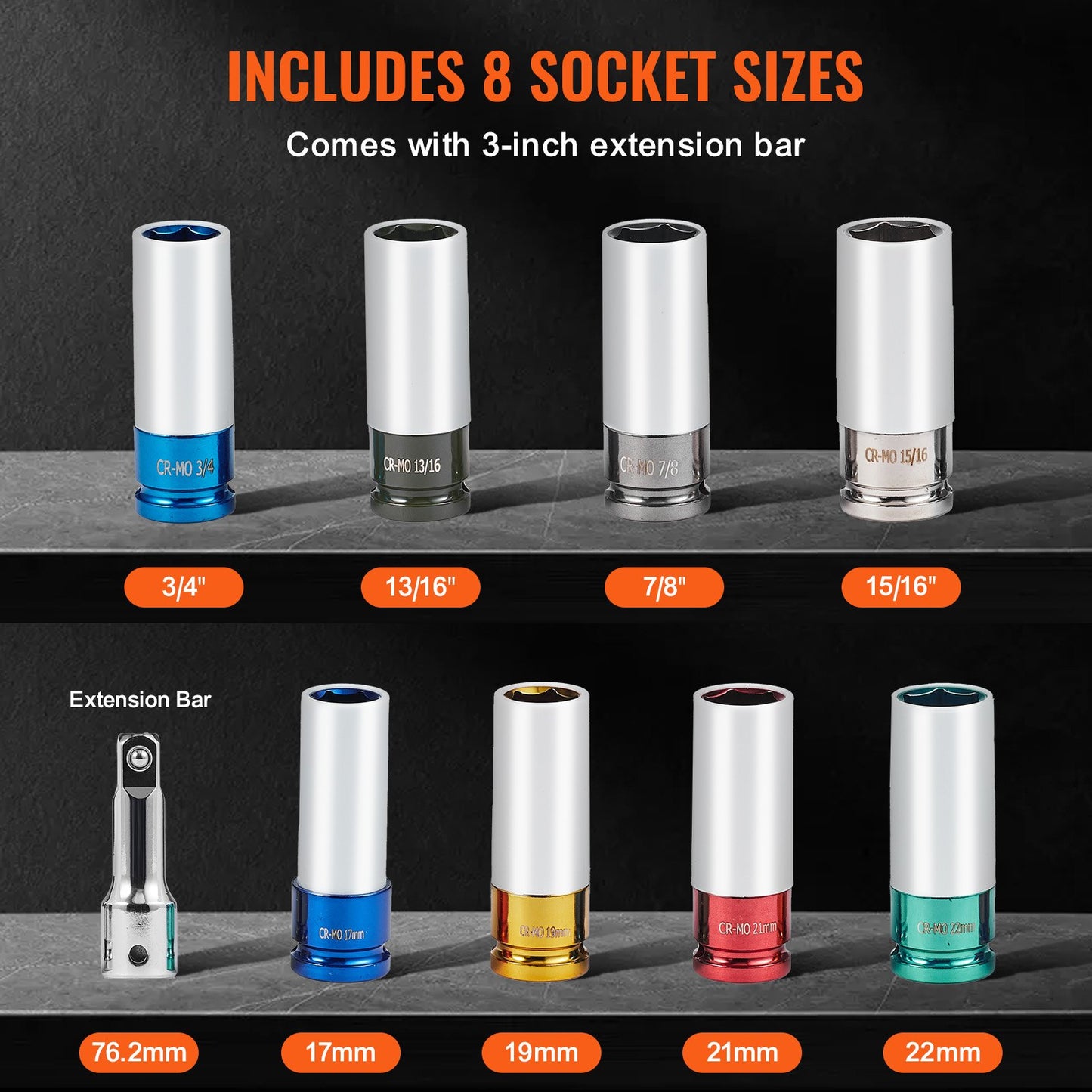 Radmuttern-Steckschlüsselsatz, 1/2-Zoll-Antrieb, metrisch und SAE, 6-Kant-Tiefbett-Steckschlüsselsatz, 8 Radmutterngrößen insgesamt, CR-MO-Stahl-Radmuttern-Steckschlüsselsatz mit Aufbewahrungskoffer und Verlängerungsstange, für die Autoreparatur