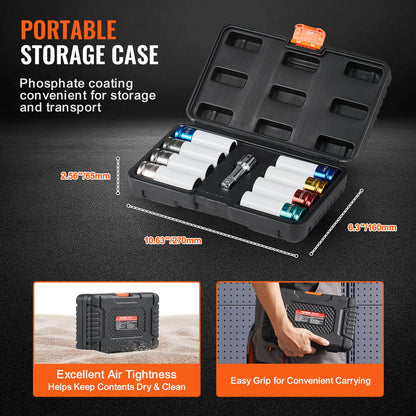 Radmuttern-Steckschlüsselsatz, 1/2-Zoll-Antrieb, metrisch und SAE, 6-Kant-Tiefbett-Steckschlüsselsatz, 8 Radmutterngrößen insgesamt, CR-MO-Stahl-Radmuttern-Steckschlüsselsatz mit Aufbewahrungskoffer und Verlängerungsstange, für die Autoreparatur