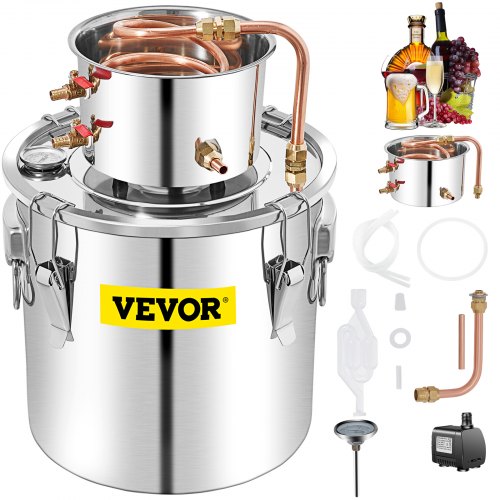 Alcohol Still, 50L Stainless Steel Water Alcohol Distiller with Condenser, 13.2Gal Wine Making Boiler with Copper Tube, Home Brewing Kit with Built-in Thermometer for DIY Whisky Wine Brandy, Sil