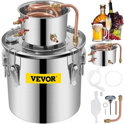 Moonshine-Destillierapparat, 5 Gallonen (21 l), Edelstahl, Kupferrohr, Heimbrau-Set mit eingebautem Thermometer für die Herstellung von Whisky, Wein und Brandy.