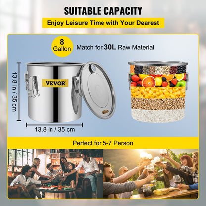 Moonshine-Destillierapparat, 8,5 Gallonen (ca. 32 Liter) Edelstahl-Wasserdestillierapparat, 38-Liter-Kupferrohr-Heimbrauset mit eingebautem Thermometer für die Herstellung von Whisky, Wein, Brandy und Silber.
