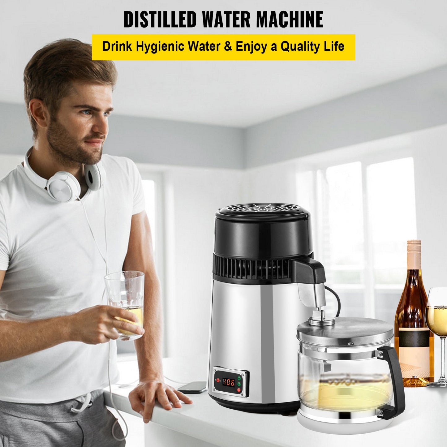 Silver Water Distiller Machine 750W Adjustable Temperature Water Distiller 4L Wine Making Set Brewing Kit Stainless Steel Inner Distiller with Adjustable Temperature for Kitchen Homes