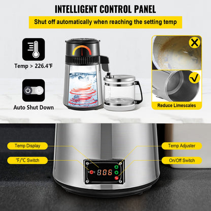 Silver Water Distiller Machine 750W Adjustable Temperature Water Distiller 4L Wine Making Set Brewing Kit Stainless Steel Inner Distiller with Adjustable Temperature for Kitchen Homes