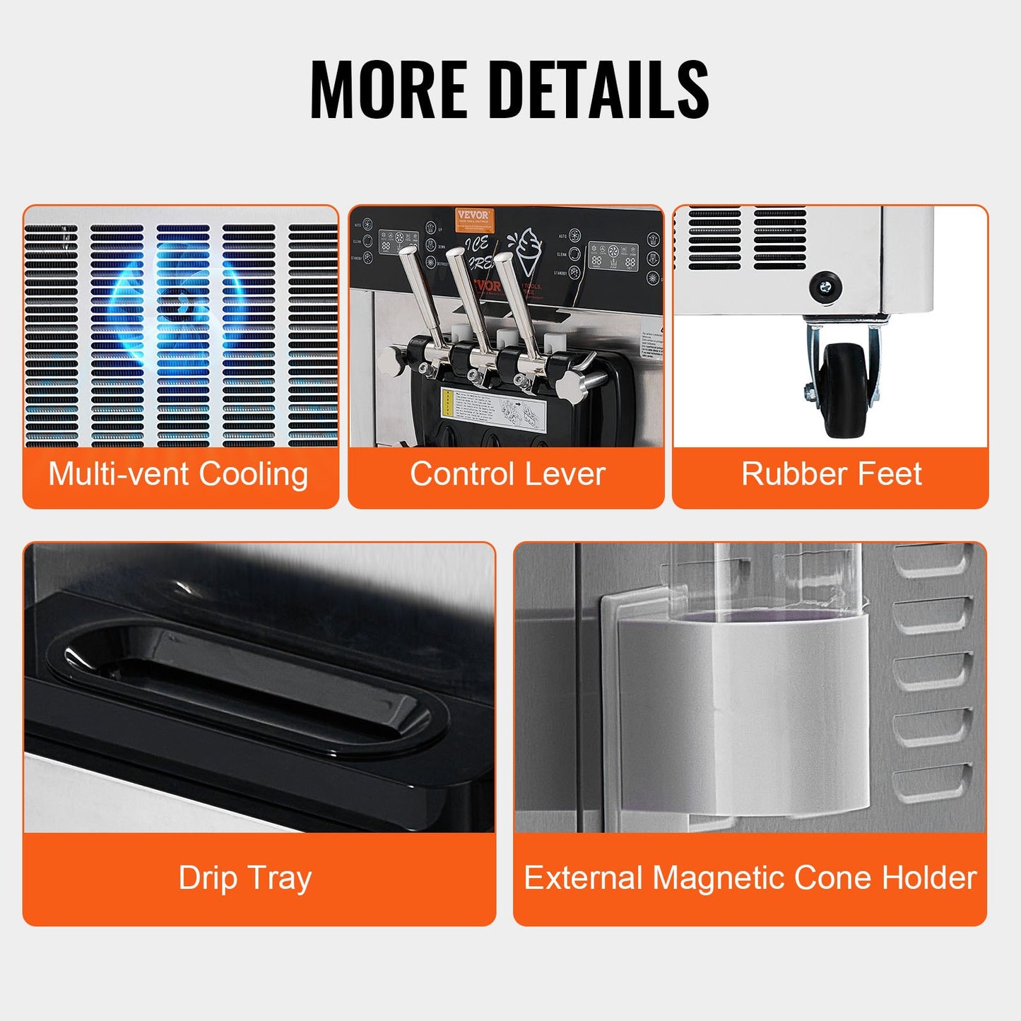 Gewerbliche Eismaschine, 34–44 l/h Leistung, 1850 W, freistehende Softeismaschine mit 3 Geschmacksrichtungen, 2 x 9 l Edelstahlbehälter, LED-Bedienfeld, ermöglicht Betrieb mit einem einzelnen Zylinder, Kühlung über Nacht