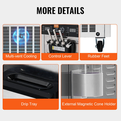 Gewerbliche Eismaschine, 34–44 l/h Leistung, 1850 W, freistehende Softeismaschine mit 3 Geschmacksrichtungen, 2 x 9 l Edelstahlbehälter, LED-Bedienfeld, ermöglicht Betrieb mit einem einzelnen Zylinder, Kühlung über Nacht