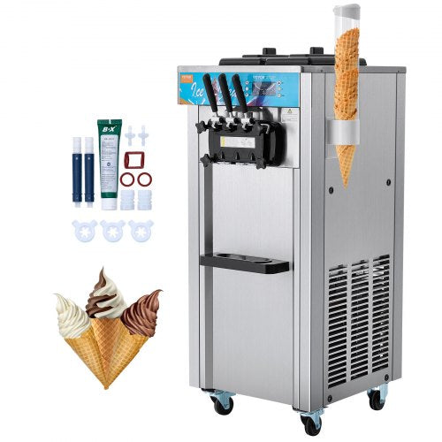 Gewerbliche Eismaschine, 21-31 l/h Leistung, 1500 W, 3-Sorten-Eismaschine, freistehend, für Softeis, 2 x 5,5 l Edelstahlzylinder, LED-Panel, automatische Reinigung, Vorkühlung, für Restaurantbars