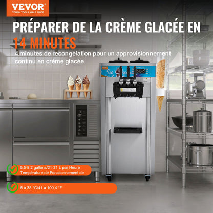 Gewerbliche Eismaschine, 21-31 l/h Leistung, 1500 W, 3-Sorten-Eismaschine, freistehend, für Softeis, 2 x 5,5 l Edelstahlzylinder, LED-Panel, automatische Reinigung, Vorkühlung, für Restaurantbars